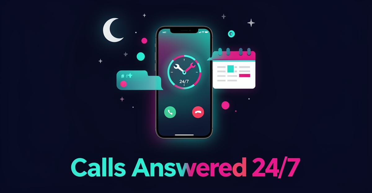Flat illustration of a glowing smartphone handling an after-hours plumbing call with a 24/7 clock and booking card, teal and magenta accents.